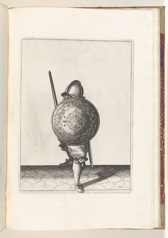 The exercise with shield and skewer: the soldier in a defensive position with one foot forward and with his rapier and shield on the knee in front of the body, seen from the front (no. 22), 1618, Adam van Breen, 1616 - 1618 Canvas Print