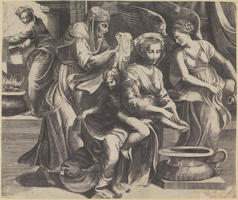 Mary washes the feet of the young Christ, Giulio Bonasone, 1509 - 1546 Canvas Print