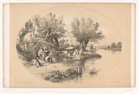 Fishermen on a lake, Louis-Julien Jacottet, 1850 Canvas Print