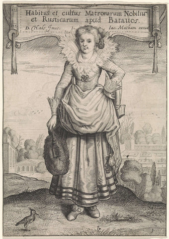 Elegant lady with feather range, Adriaen Matham (possibly), 1619 - 1623 Canvas Print