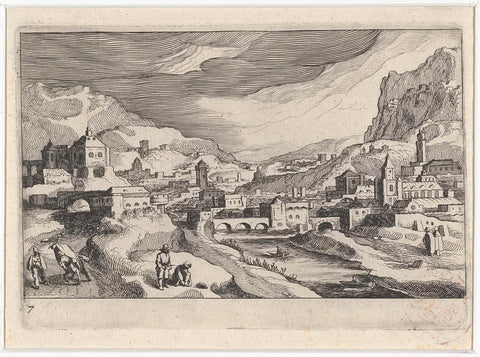 Cityscape in a river valley, Simon Frisius, 1611 Canvas Print