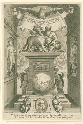 Title page of a series about Roman emperors on horseback, Adriaen Collaert, 1587 - 1589 Canvas Print