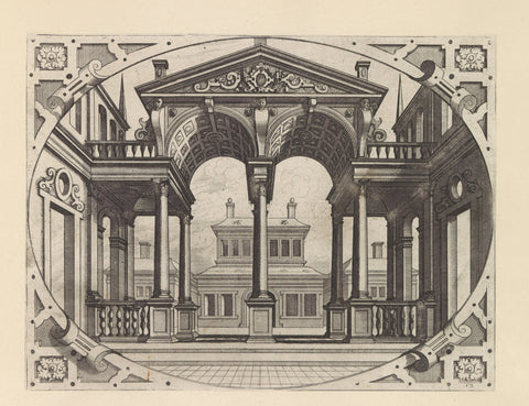 Double portico crowned with a pediment, Johannes or Lucas van Doetechum, after 1601 Canvas Print