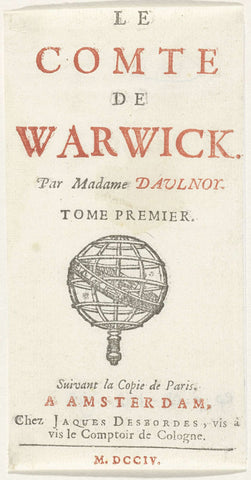 Titelpagina voor: M. D'Aulnoy, Le comte de Warwick, 1704, Jacques Desbordes (I), 1704 Canvas Print