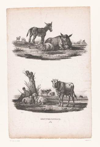 Donkey with donkey foal and shepherd with sheep and cattle, Joseph Louis Leborne, 1828 - 1829 Canvas Print