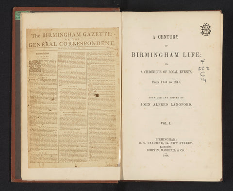 Photo reproduction of the front page of the first Birmingham Gazette, published on 16 November 1741, Henry Joseph Whitlock, c. 1858 - in or before 1868 Canvas Print