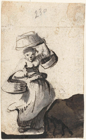 Woman walking with three buckets, Harmen ter Borch, 1651 Canvas Print