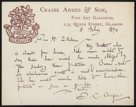 Letter to Philip Zilcken, J. Craibe Angus, 1894 Canvas Print