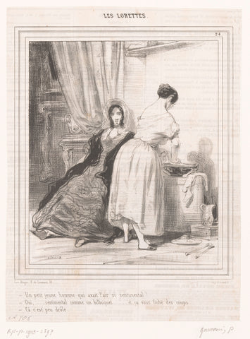 Two women gossip about a young man, Paul Gavarni, 1842 Canvas Print