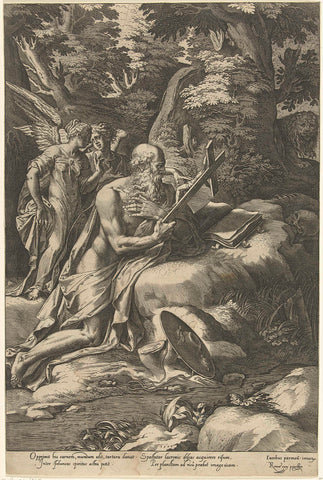 Hieronymus with two angels, Cornelis Cort, 1577 Canvas Print