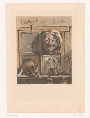 Drunk doorman with cat at the window of a café, Eugène Froment, c. 1815 Canvas Print