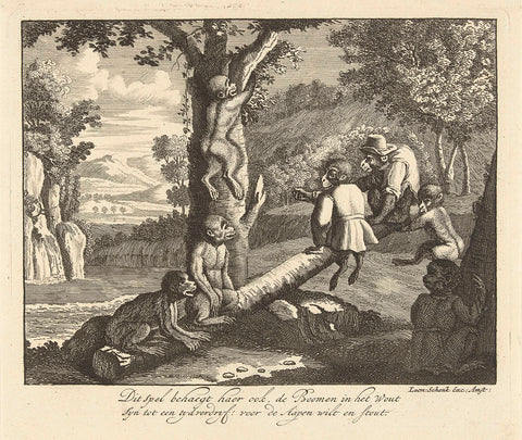 Monkeys on the seesaw and in the tree, Leonard Schenk (possibly), 1720 Canvas Print