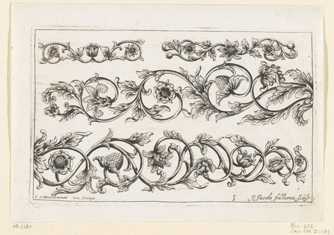 Four horizontal or vertical tendrils with flowers and leaves, Johannes Jacobsz Folkema, c. 1690 - c. 1700 Canvas Print