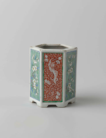 Hexagonal brush pot with prunus sprays and dragons, anonymous, c. 1700 - c. 1724 Canvas Print