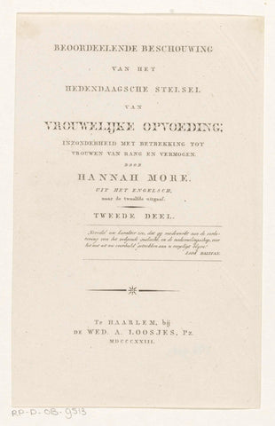 Title page for: Hannah More, Judging consideration of the contemporary system of female education, 1823, anonymous, 1823 Canvas Print