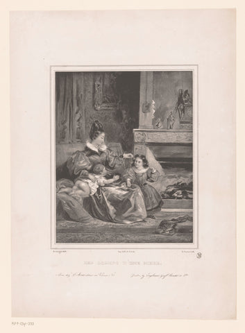 Mother with two children by the hearth, Hippolyte Louis Garnier, 1830 Canvas Print