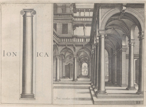 Column of the Ionian order and a colonnade, Hendrick Hondius (I), 1620 Canvas Print