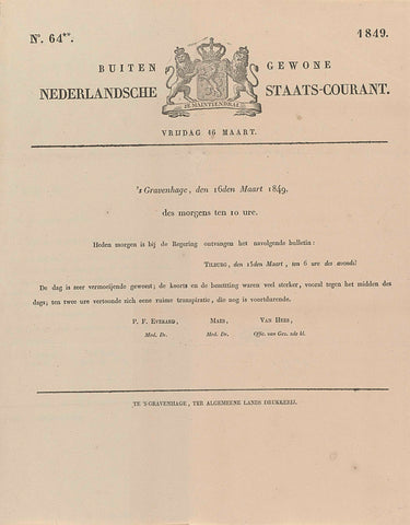 Outside gewone Nederlandsche Staats-Courant. Friday, March 16th. N. 64**. 1849, General Landsdrukkerij, 1849 Canvas Print