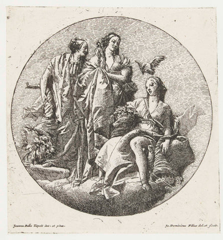 Three female personifications with horns of plenty and figurity of Minerva, Giovanni Domenico Tiepolo, 1741 - 1745 Canvas Print