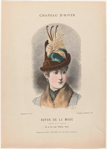 Revue de la Mode, Gazette de la Famille, Sunday, November 29, 1885, Supplement to No. 726: Chapeau d'hiver (...), anonymous, 1885 Canvas Print