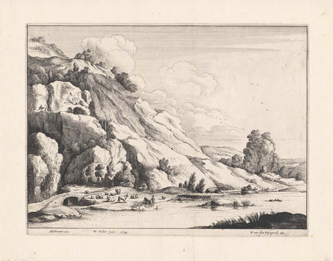 Landscape with drinking cattle at a stone bridge, Wenceslaus Hollar, 1649 Canvas Print