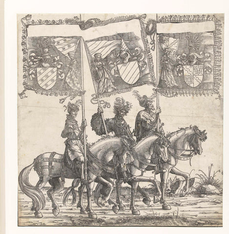 Three men on horseback bear the Austrian banners of Ortenburg, Echingen and Achalm, Hans Burgkmair (I), 1483 - 1526 Canvas Print