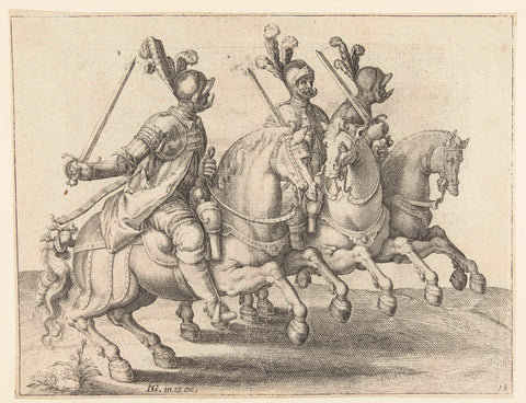 Three Horsemen with Drawn Swords, Turning Left, Jacob de Gheyn (II) (workshop of), 1599 Canvas Print