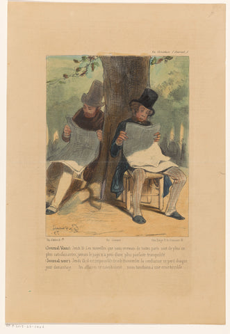 Two newspaper-reading men under a tree, Paul Gavarni, 1839 Canvas Print