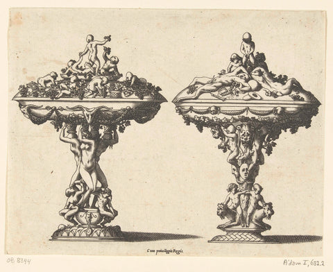 Two drinking bowls with lid, René Boyvin (possibly), c. 1542 - c. 1580 Canvas Print