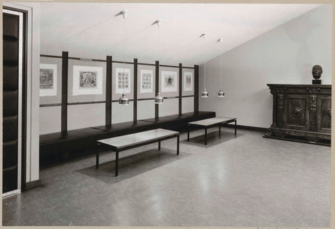 Room with bust on cupboard and 19th century folk prints under sloping ceiling, 1974 Canvas Print