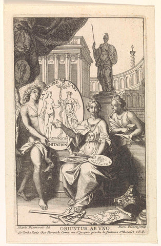 Allegorical representation with the personifications of painting and sculpture, Bernard Picart, 1699 - 1700 Canvas Print