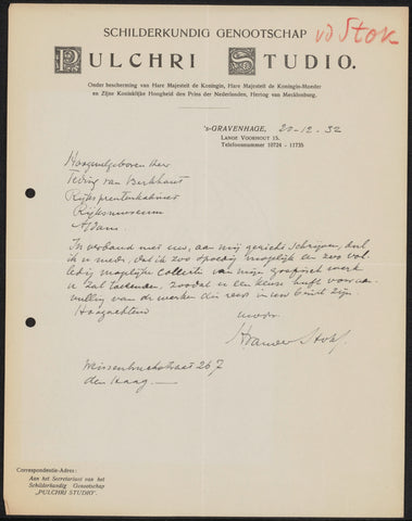 Letter to jonkheer Hendrik Teding van Berkhout (1879-1969), Henri van der Stok, 1932 Canvas Print