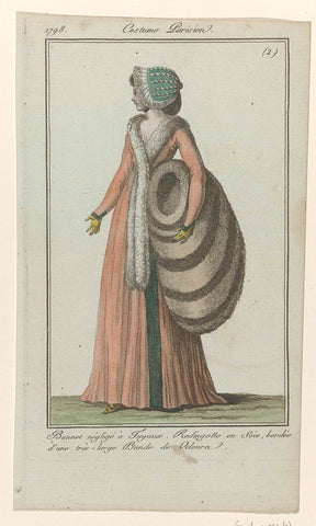 Journal des Dames et des Modes, Costume Parisien, 15 January 1798, (2) : Bonnet négligé à Tuyaux (...), anonymous, 1798 Canvas Print