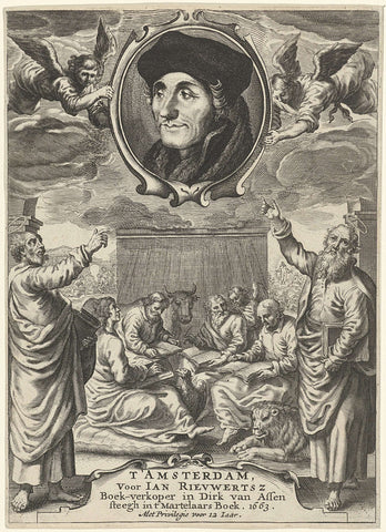 Portrait of Erasmus above four evangelists, Theodor Matham, 1663 Canvas Print