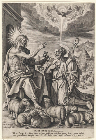 Christ hands over the keys of the sky to Petrus, Hieronymus Wierix, 1563 - before 1611 Canvas Print