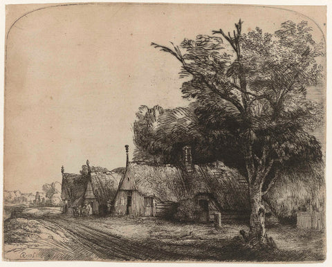 Landscape with Three Cottages along a Road, Rembrandt van Rijn, 1650 Canvas Print