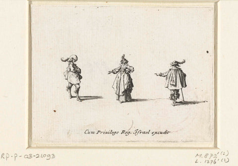 Lady, the left hand in the side, the right arm outstretched, seen from the front, between two gentlemen, Jacques Callot, 1633 - 1635 Canvas Print