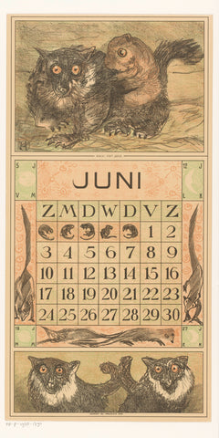 Calendar sheet June with lemurs, Theo van Hoytema, 1916 Canvas Print