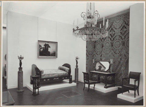 Corner of a room with furniture, a dressing table and a wall covering, c. 1957 Canvas Print