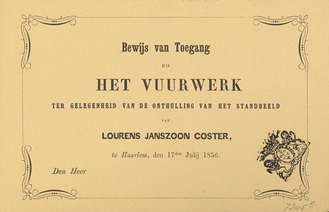 Bewijs van Toegang bij Het Vuurwerk on the occasion of the unveiling of the statue of Lourens Janszoon Coster, in Haarlem, den 17den Julij 1856, anonymous, 1856 Canvas Print