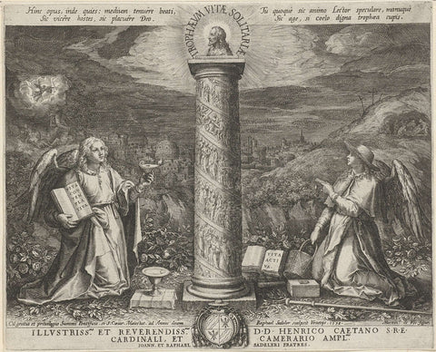 Two angels worship a column, Raphaël Sadeler (I), 1598 Canvas Print