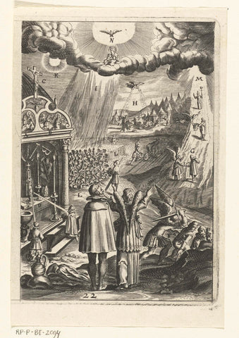 Emblem with angel pointing out to a man all the good deeds and gifts of God, Boetius Adamsz. Bolswert, 1649 Canvas Print