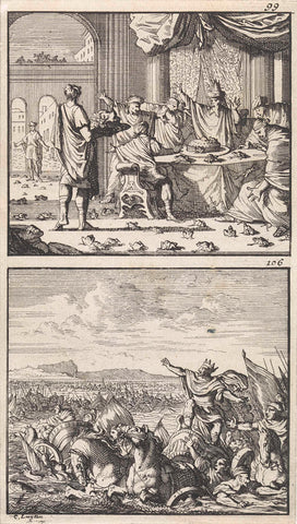 Plague of the frogs / Pharaoh's army drowns in the Red Sea, Caspar Luyken, 1698 Canvas Print