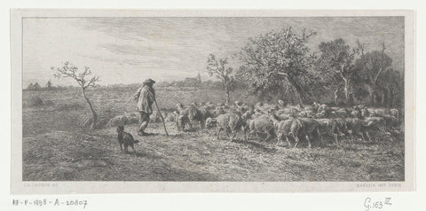 Shepherd with flock in a pasture, Charles Emile Jacque, 1864 Canvas Print