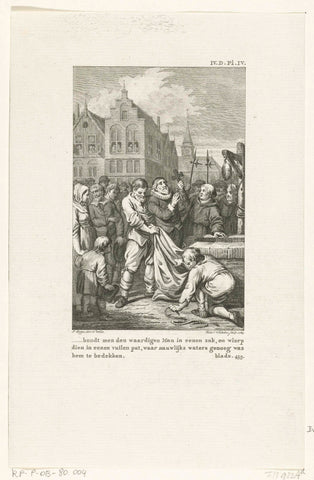 Pastor Johannes Florianus in Brussels as a heretic in a bag bound and thrown into a well, 1585, Reinier Vinkeles (I), 1783 Canvas Print