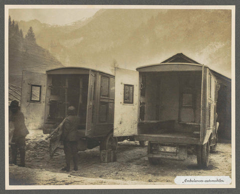 Soldiers lug stretchers at the back of two ambulances, presumably Italians, Henri de Rothschild (attributed to), 1916 Canvas Print