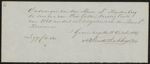 Receipt to Lambertus Hardenberg (1822-1900), Hendrikus van de Sande Bakhuyzen, 1847 Canvas Print