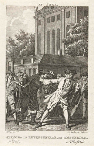 Spinoza threatened by an angry mob in Amsterdam, 1667, Noach van der Meer (II), 1784 Canvas Print