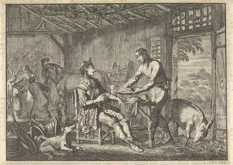 Philip II, King of Spain is taken into the hut of a poor farmer, c. 1560, Jan Luyken, 1698 Canvas Print