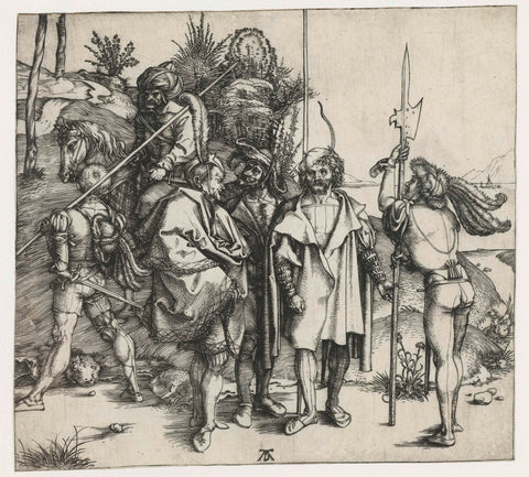 Five soldiers and an Oriental horseman, Albrecht Dürer, 1493 - 1498 Canvas Print